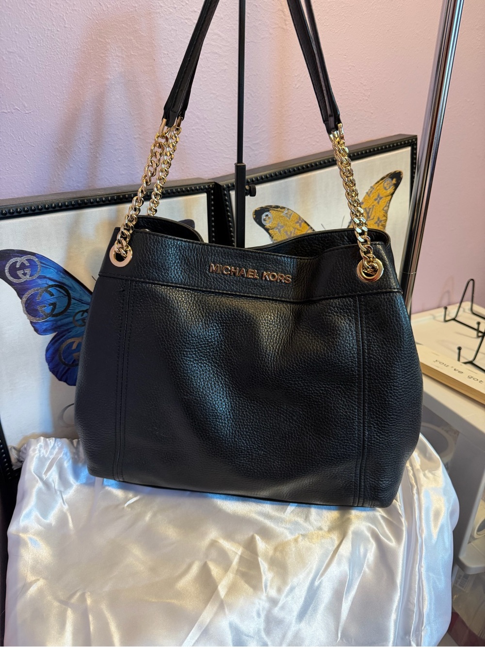 Michael Kors Black Pebbled Leather Shoulder Bag with Gold Chain Straps